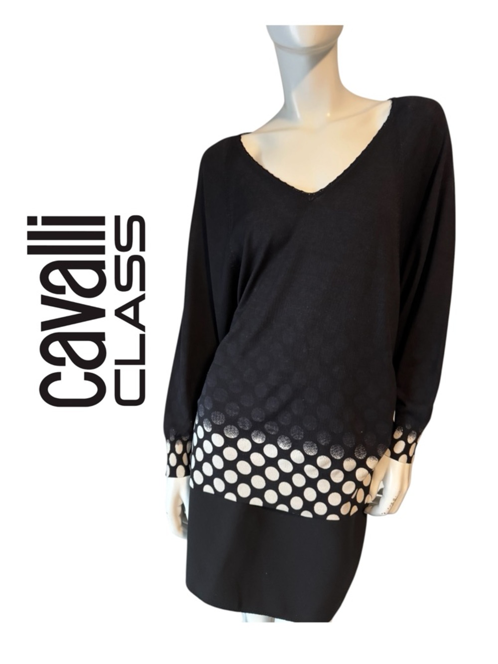 Cavalli Class Black Sweater with White Polka Dot Hem